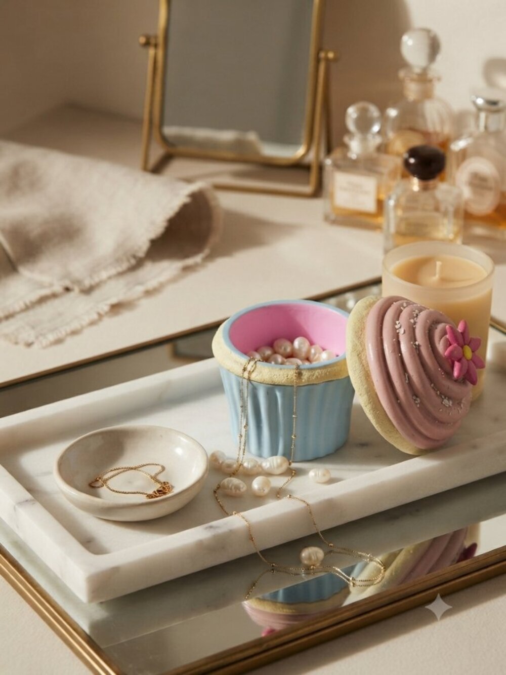 Cupcake Trinket Box Ceramic Pastel Jewelry Organizer Storage Pink Blue